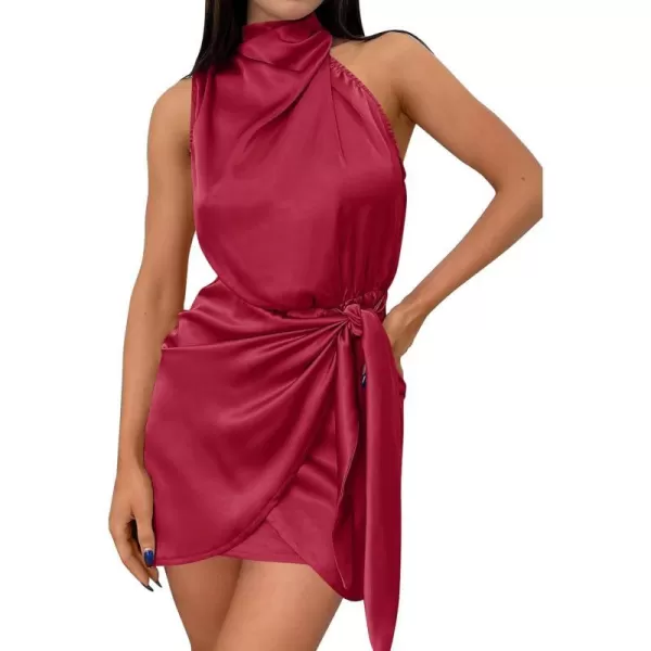 imageZESICA Womens 2023 Fashion Satin Sleeveless Halter Neck Tie Waist Wrap Bodycon Cocktail Party Mini DressRed