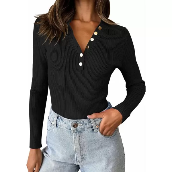 imageZESICA Womens 2023 Long Sleeve Button Down V Neck Slim Fitted T Shirts Fall Casual Ribbed Knit Basic Tee TopsBlack
