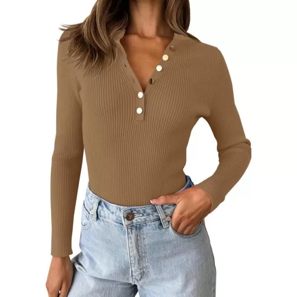 imageZESICA Womens 2023 Long Sleeve Button Down V Neck Slim Fitted T Shirts Fall Casual Ribbed Knit Basic Tee TopsBrown