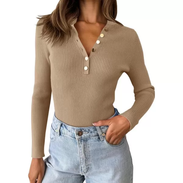 imageZESICA Womens 2023 Long Sleeve Button Down V Neck Slim Fitted T Shirts Fall Casual Ribbed Knit Basic Tee TopsCamel