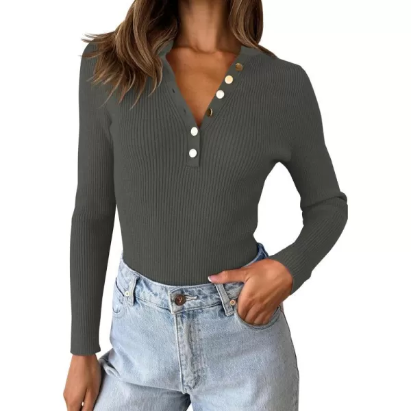 imageZESICA Womens 2023 Long Sleeve Button Down V Neck Slim Fitted T Shirts Fall Casual Ribbed Knit Basic Tee TopsDarkgrey
