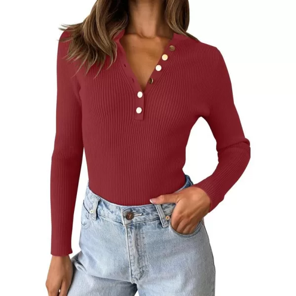 imageZESICA Womens 2023 Long Sleeve Button Down V Neck Slim Fitted T Shirts Fall Casual Ribbed Knit Basic Tee TopsDarkred