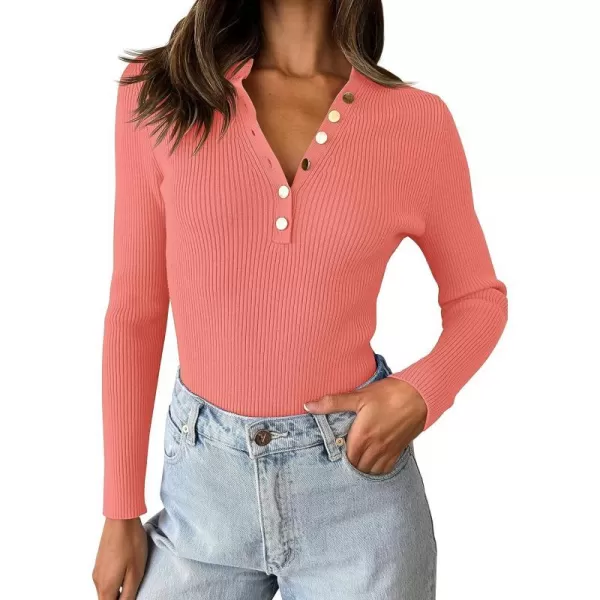 imageZESICA Womens 2023 Long Sleeve Button Down V Neck Slim Fitted T Shirts Fall Casual Ribbed Knit Basic Tee TopsGrapefruit