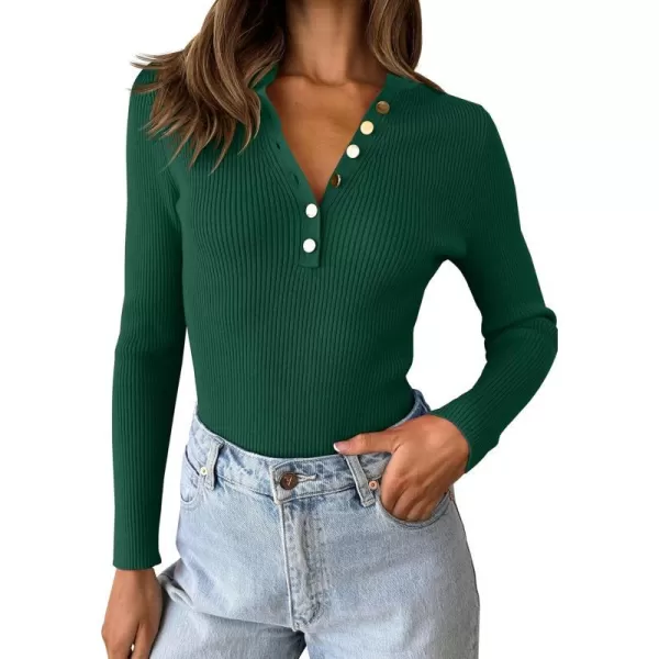 imageZESICA Womens 2023 Long Sleeve Button Down V Neck Slim Fitted T Shirts Fall Casual Ribbed Knit Basic Tee TopsGreen