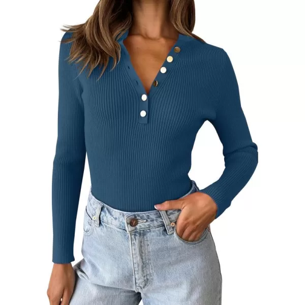 imageZESICA Womens 2023 Long Sleeve Button Down V Neck Slim Fitted T Shirts Fall Casual Ribbed Knit Basic Tee TopsGreyblue