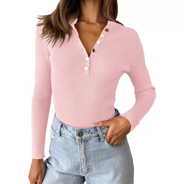 imageZESICA Womens 2023 Long Sleeve Button Down V Neck Slim Fitted T Shirts Fall Casual Ribbed Knit Basic Tee TopsPink