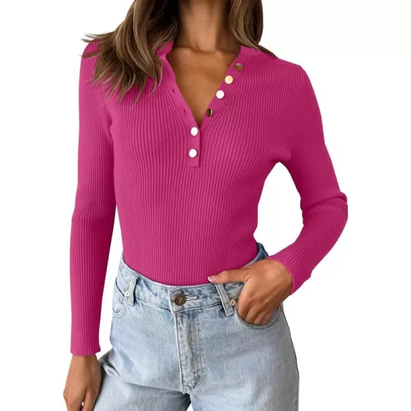imageZESICA Womens 2023 Long Sleeve Button Down V Neck Slim Fitted T Shirts Fall Casual Ribbed Knit Basic Tee TopsRose