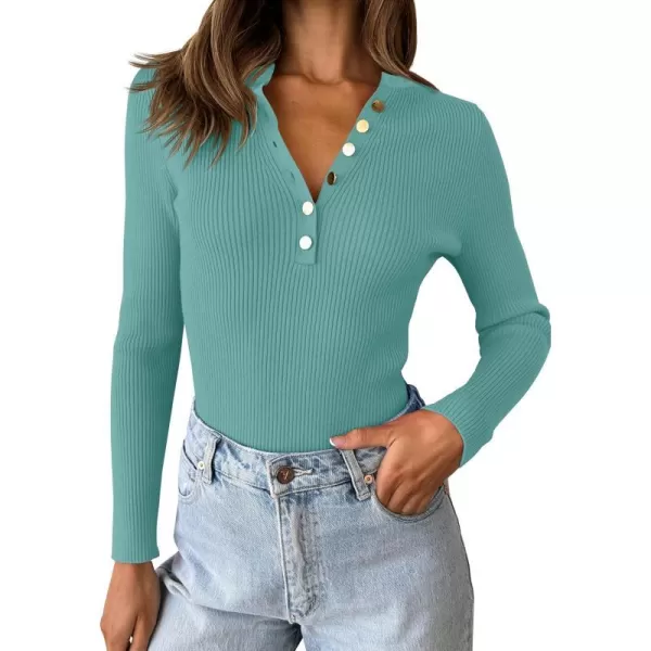 imageZESICA Womens 2023 Long Sleeve Button Down V Neck Slim Fitted T Shirts Fall Casual Ribbed Knit Basic Tee TopsSage