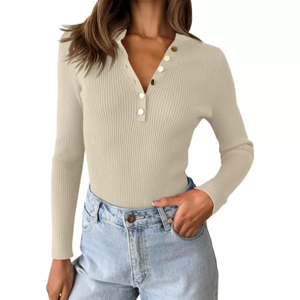 imageZESICA Womens 2023 Long Sleeve Button Down V Neck Slim Fitted T Shirts Fall Casual Ribbed Knit Basic Tee TopsSand