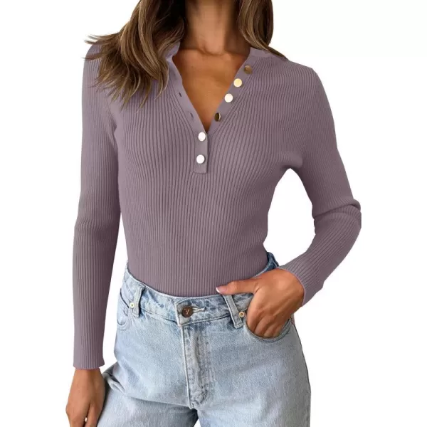 imageZESICA Womens 2023 Long Sleeve Button Down V Neck Slim Fitted T Shirts Fall Casual Ribbed Knit Basic Tee TopsTaro
