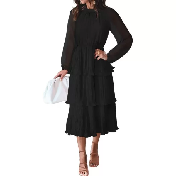 imageZESICA Womens 2023 Long Sleeve Crew Neck Ruffle Tiered Layered Chiffon Flowy Swing Long Midi DressBlack