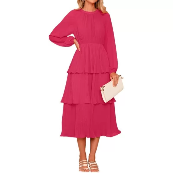imageZESICA Womens 2023 Long Sleeve Crew Neck Ruffle Tiered Layered Chiffon Flowy Swing Long Midi DressRose