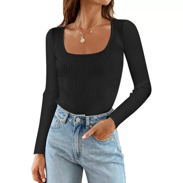imageZESICA Womens 2023 Long Sleeve Square Neck T Shirts Slim Fitted Elegant Fall Ribbed Knit Casual Tee TopsBlack