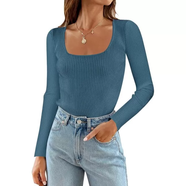 imageZESICA Womens 2023 Long Sleeve Square Neck T Shirts Slim Fitted Elegant Fall Ribbed Knit Casual Tee TopsDarkblue