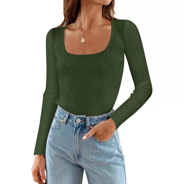 imageZESICA Womens 2023 Long Sleeve Square Neck T Shirts Slim Fitted Elegant Fall Ribbed Knit Casual Tee TopsDarkgreen