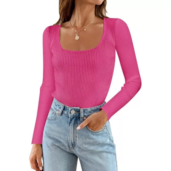 imageZESICA Womens 2023 Long Sleeve Square Neck T Shirts Slim Fitted Elegant Fall Ribbed Knit Casual Tee TopsRose