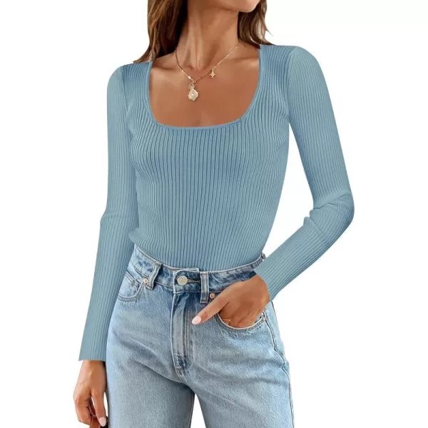 imageZESICA Womens 2023 Long Sleeve Square Neck T Shirts Slim Fitted Elegant Fall Ribbed Knit Casual Tee TopsSky