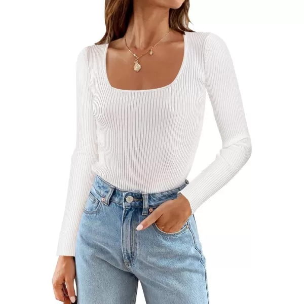 imageZESICA Womens 2023 Long Sleeve Square Neck T Shirts Slim Fitted Elegant Fall Ribbed Knit Casual Tee TopsWhite