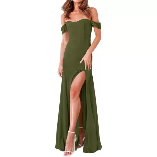 imageZESICA Womens 2023 Off Shoulder Wedding Guest Dress Short Sleeve High Split Bodycon Evening Gown Maxi DressesArmygreen