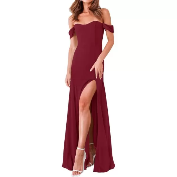 imageZESICA Womens 2023 Off Shoulder Wedding Guest Dress Short Sleeve High Split Bodycon Evening Gown Maxi DressesWine