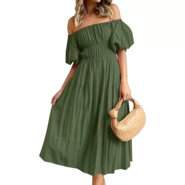 imageZESICA Womens 2023 Sexy Boho Off Shoulder Puff Short Sleeve High Waist Ruffled Flowy A Line Beach Party Midi DressArmygreen