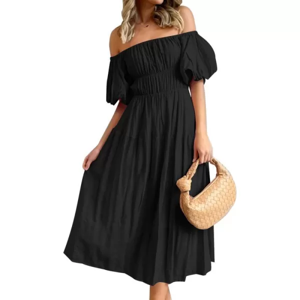imageZESICA Womens 2023 Sexy Boho Off Shoulder Puff Short Sleeve High Waist Ruffled Flowy A Line Beach Party Midi DressBlack