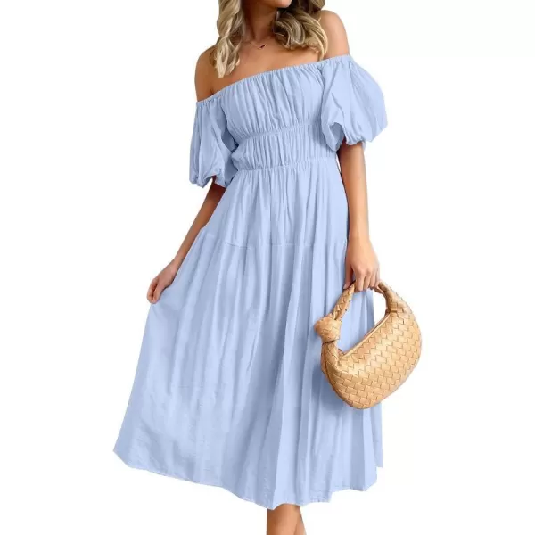 imageZESICA Womens 2023 Sexy Boho Off Shoulder Puff Short Sleeve High Waist Ruffled Flowy A Line Beach Party Midi DressBlue