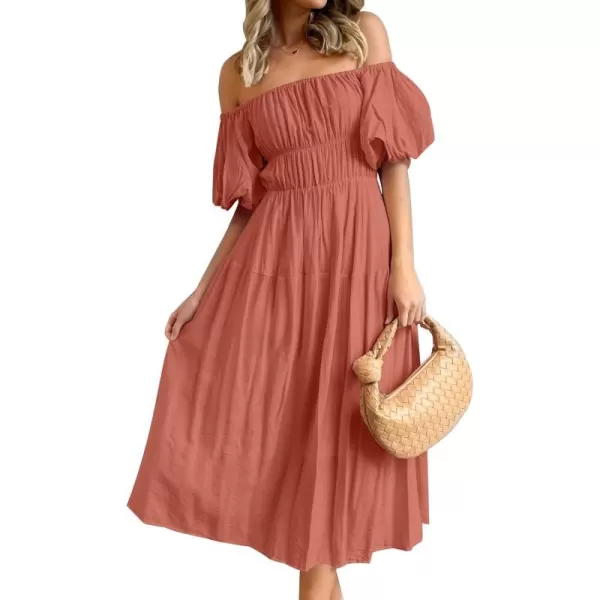 imageZESICA Womens 2023 Sexy Boho Off Shoulder Puff Short Sleeve High Waist Ruffled Flowy A Line Beach Party Midi DressCoral