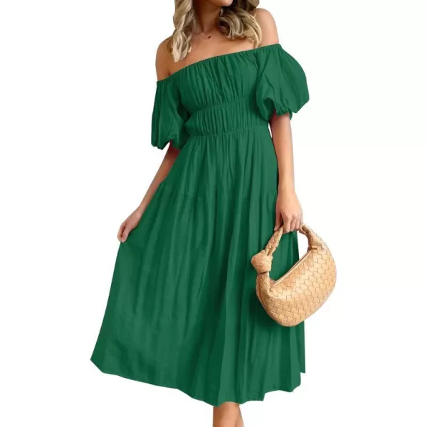 imageZESICA Womens 2023 Sexy Boho Off Shoulder Puff Short Sleeve High Waist Ruffled Flowy A Line Beach Party Midi DressDarkgreen