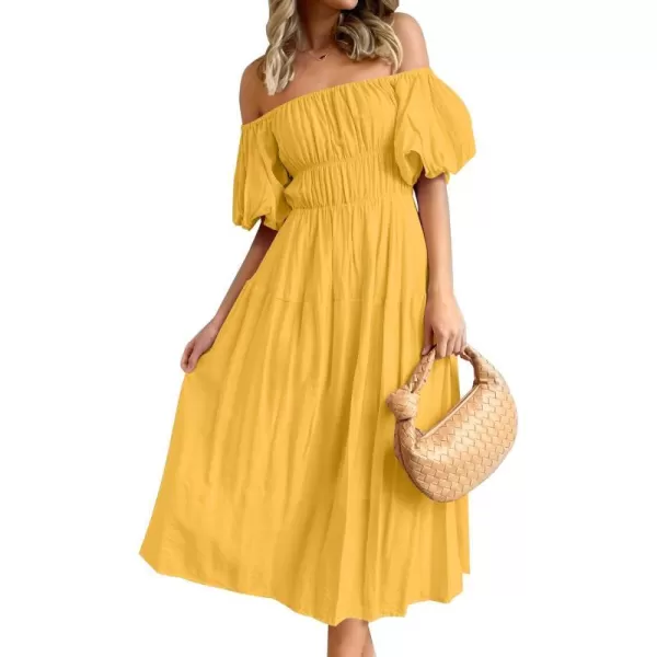imageZESICA Womens 2023 Sexy Boho Off Shoulder Puff Short Sleeve High Waist Ruffled Flowy A Line Beach Party Midi DressGinger