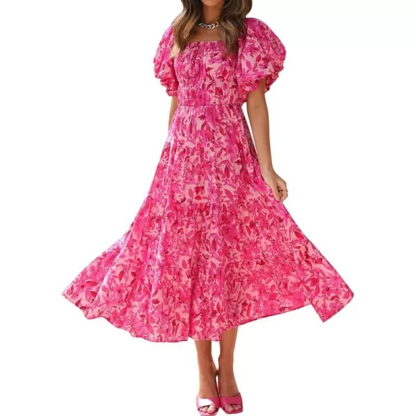 imageZESICA Womens 2023 Sexy Boho Off Shoulder Puff Short Sleeve High Waist Ruffled Flowy A Line Beach Party Midi DressHotpink