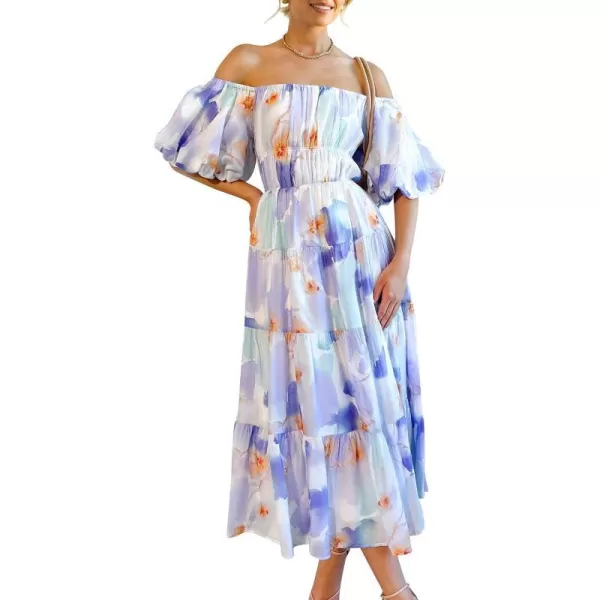 imageZESICA Womens 2023 Sexy Boho Off Shoulder Puff Short Sleeve High Waist Ruffled Flowy A Line Beach Party Midi DressLavender
