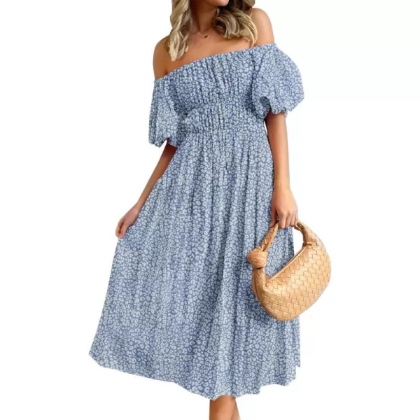 imageZESICA Womens 2023 Sexy Boho Off Shoulder Puff Short Sleeve High Waist Ruffled Flowy A Line Beach Party Midi DressLightblue