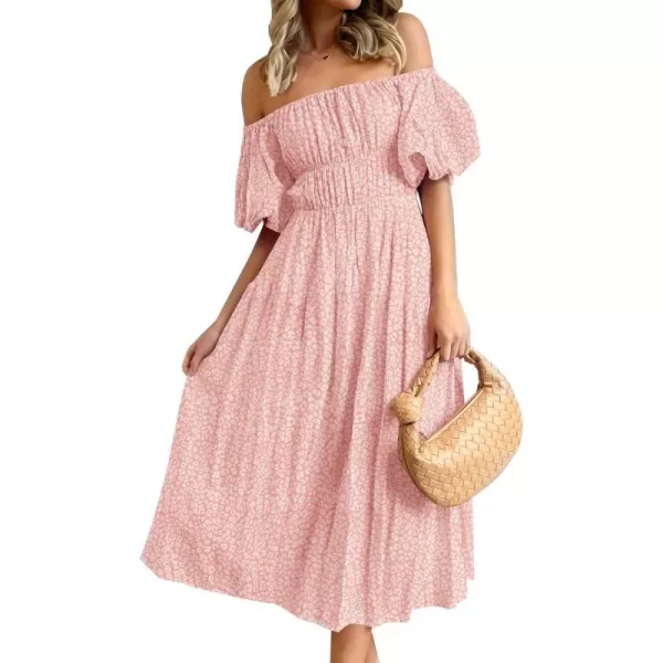 imageZESICA Womens 2023 Sexy Boho Off Shoulder Puff Short Sleeve High Waist Ruffled Flowy A Line Beach Party Midi DressLightpink