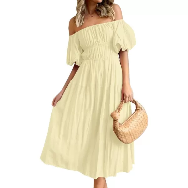 imageZESICA Womens 2023 Sexy Boho Off Shoulder Puff Short Sleeve High Waist Ruffled Flowy A Line Beach Party Midi DressLightyellow