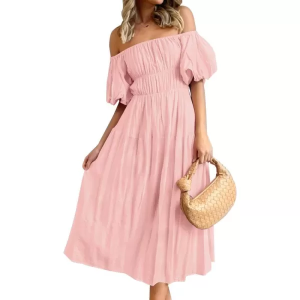 imageZESICA Womens 2023 Sexy Boho Off Shoulder Puff Short Sleeve High Waist Ruffled Flowy A Line Beach Party Midi DressPink