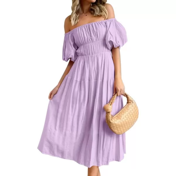 imageZESICA Womens 2023 Sexy Boho Off Shoulder Puff Short Sleeve High Waist Ruffled Flowy A Line Beach Party Midi DressPurple