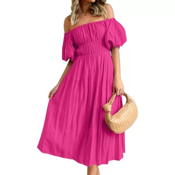 imageZESICA Womens 2023 Sexy Boho Off Shoulder Puff Short Sleeve High Waist Ruffled Flowy A Line Beach Party Midi DressRose