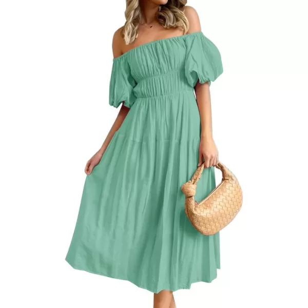 imageZESICA Womens 2023 Sexy Boho Off Shoulder Puff Short Sleeve High Waist Ruffled Flowy A Line Beach Party Midi DressSage