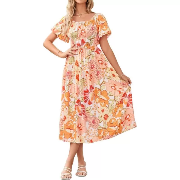 imageZESICA Womens 2023 Sexy Boho Off Shoulder Puff Short Sleeve High Waist Ruffled Flowy A Line Beach Party Midi DressTangerine