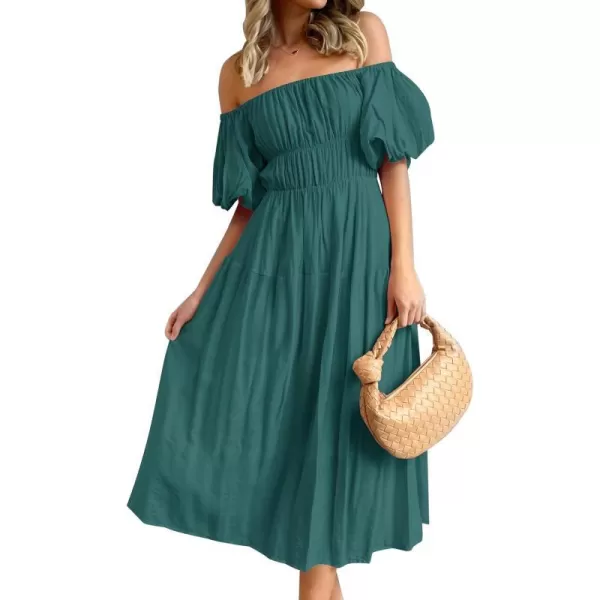 imageZESICA Womens 2023 Sexy Boho Off Shoulder Puff Short Sleeve High Waist Ruffled Flowy A Line Beach Party Midi DressTeal
