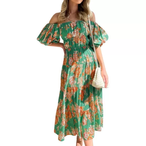 imageZESICA Womens 2023 Sexy Boho Off Shoulder Puff Short Sleeve High Waist Ruffled Flowy A Line Beach Party Midi DressVintage