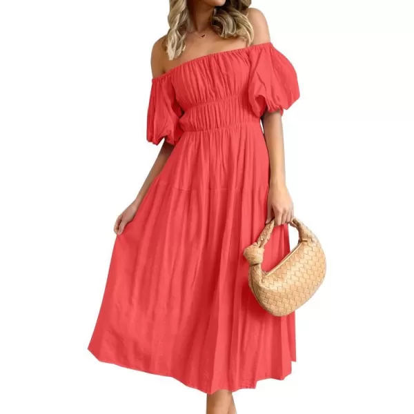 imageZESICA Womens 2023 Sexy Boho Off Shoulder Puff Short Sleeve High Waist Ruffled Flowy A Line Beach Party Midi DressWatermelon