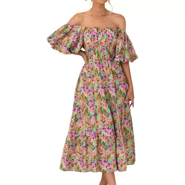 imageZESICA Womens 2023 Sexy Boho Off Shoulder Puff Short Sleeve High Waist Ruffled Flowy A Line Beach Party Midi DressYellowpurple