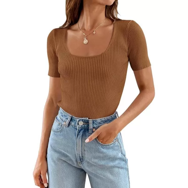 imageZESICA Womens 2023 Short Sleeve Square Neck T Shirts Slim Fitted Summer Ribbed Knit Basic Casual Tee TopsBrown