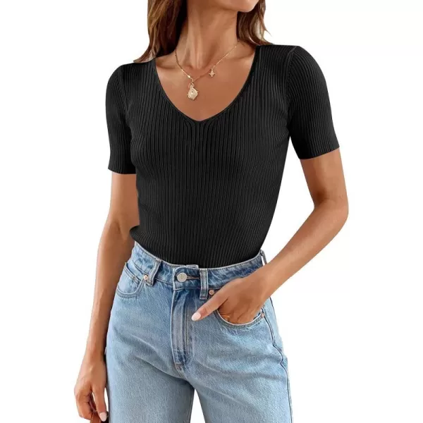 imageZESICA Womens 2023 Short Sleeve V Neck Slim Fit T Shirts Summer Casual Ribbed Knit Solid Color Basic Tee TopsBlack