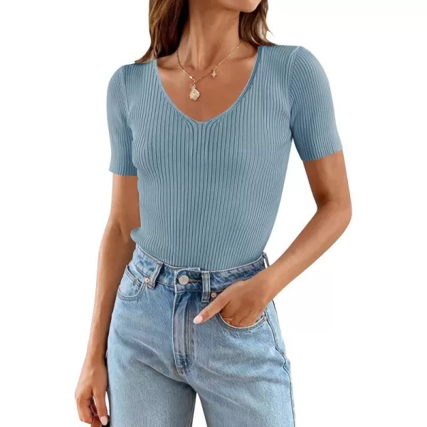 imageZESICA Womens 2023 Short Sleeve V Neck Slim Fit T Shirts Summer Casual Ribbed Knit Solid Color Basic Tee TopsBlue