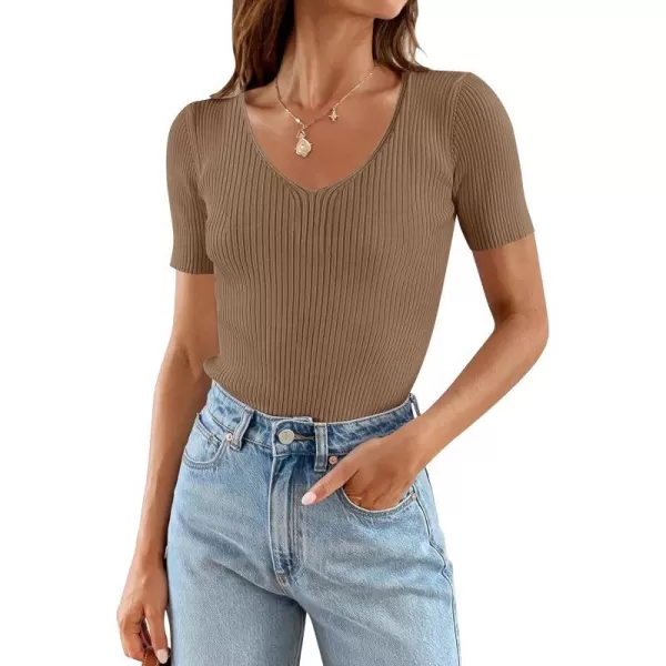 imageZESICA Womens 2023 Short Sleeve V Neck Slim Fit T Shirts Summer Casual Ribbed Knit Solid Color Basic Tee TopsBrown