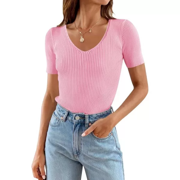imageZESICA Womens 2023 Short Sleeve V Neck Slim Fit T Shirts Summer Casual Ribbed Knit Solid Color Basic Tee TopsHotpink