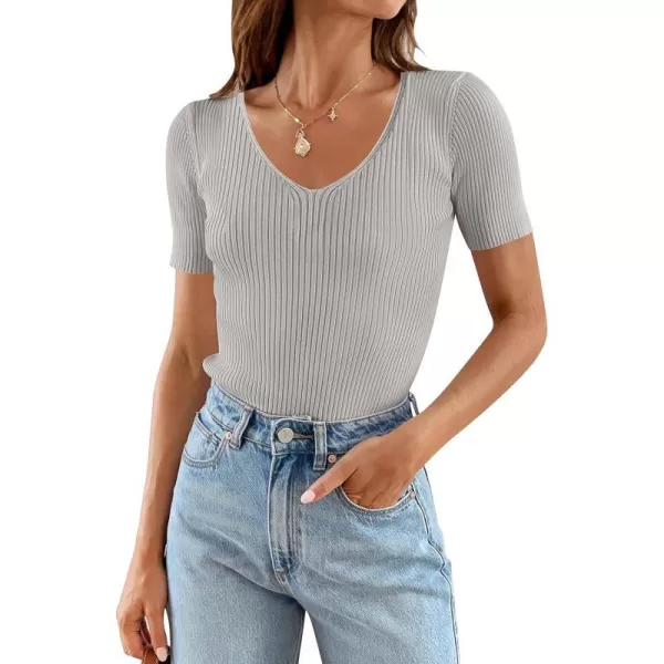 imageZESICA Womens 2023 Short Sleeve V Neck Slim Fit T Shirts Summer Casual Ribbed Knit Solid Color Basic Tee TopsLightgrey